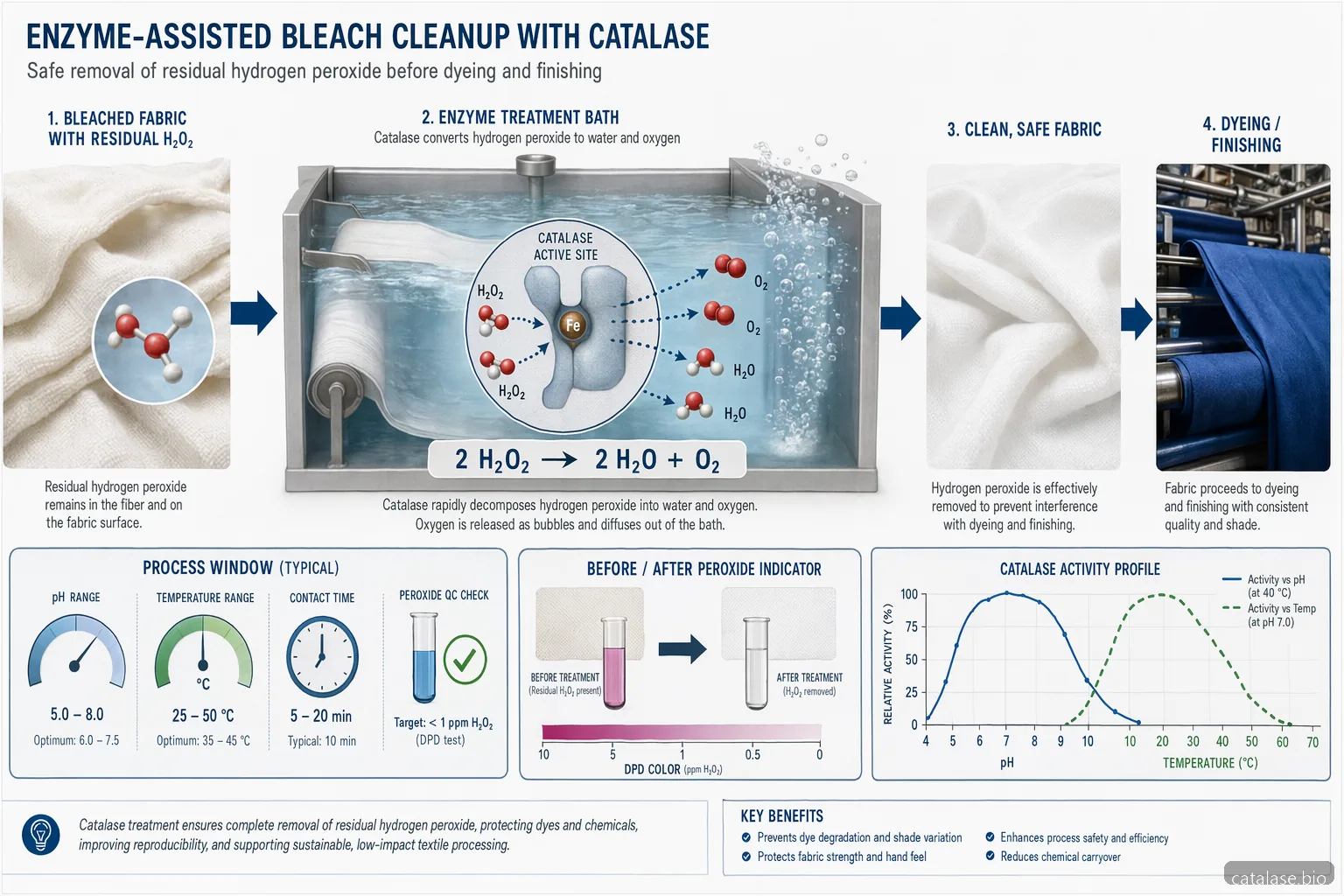 application of catalase enzyme textile bleach cleanup diagram mapping hydrogen peroxide to water and oxygen before dyeing