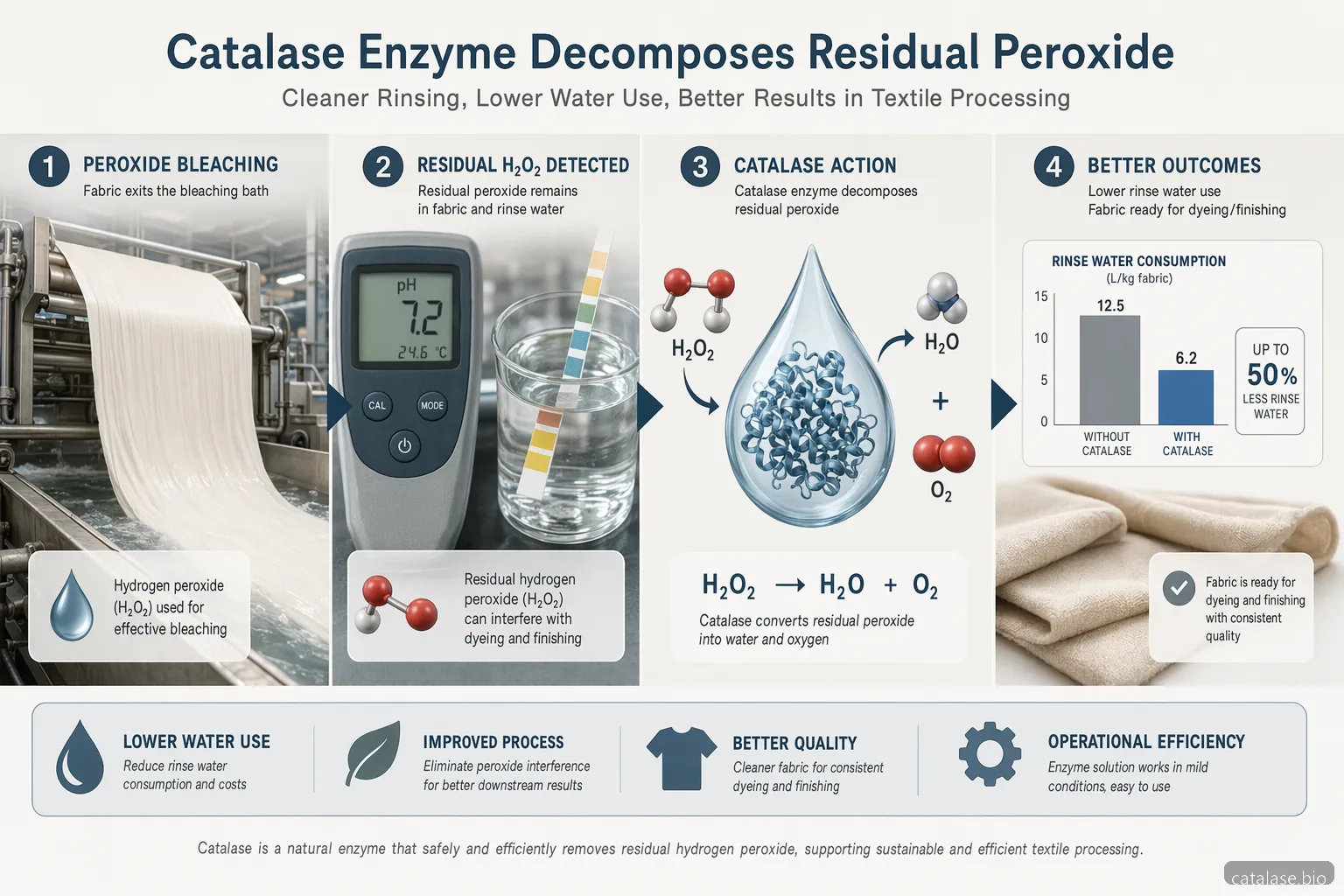 application of catalase enzyme textile bleach cleanup infographic showing peroxide removal, rinse savings, and dye readiness