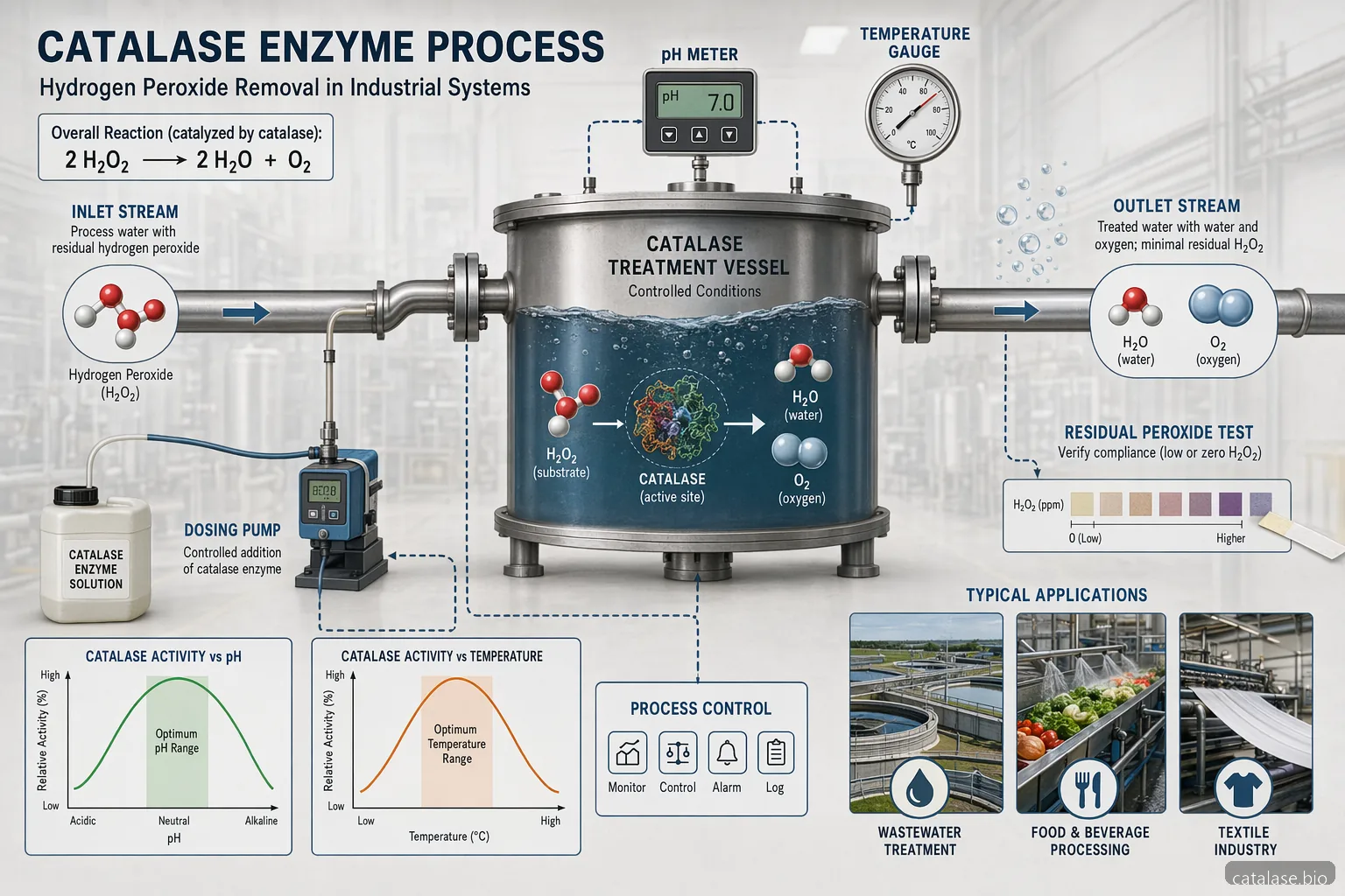 catalase enzyme: application in bioremediation and food industry diagram shows H2O2 conversion with pH and temperature controls