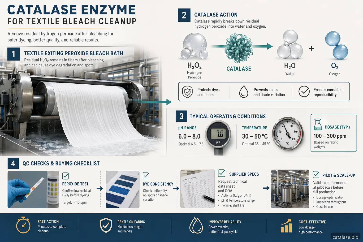 catalase enzyme textile bleach cleanup infographic showing peroxide removal, process controls, QC, and supplier checks