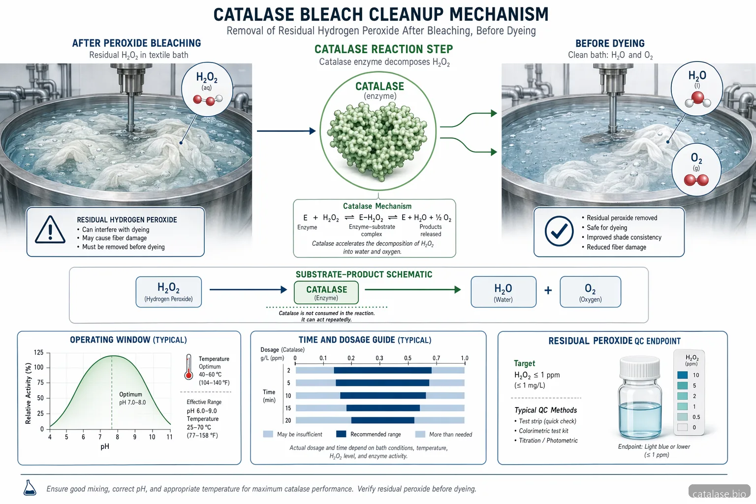 textile catalase enzyme industry bleach cleanup mechanism showing H2O2 conversion, pH-temperature window, and QC checks