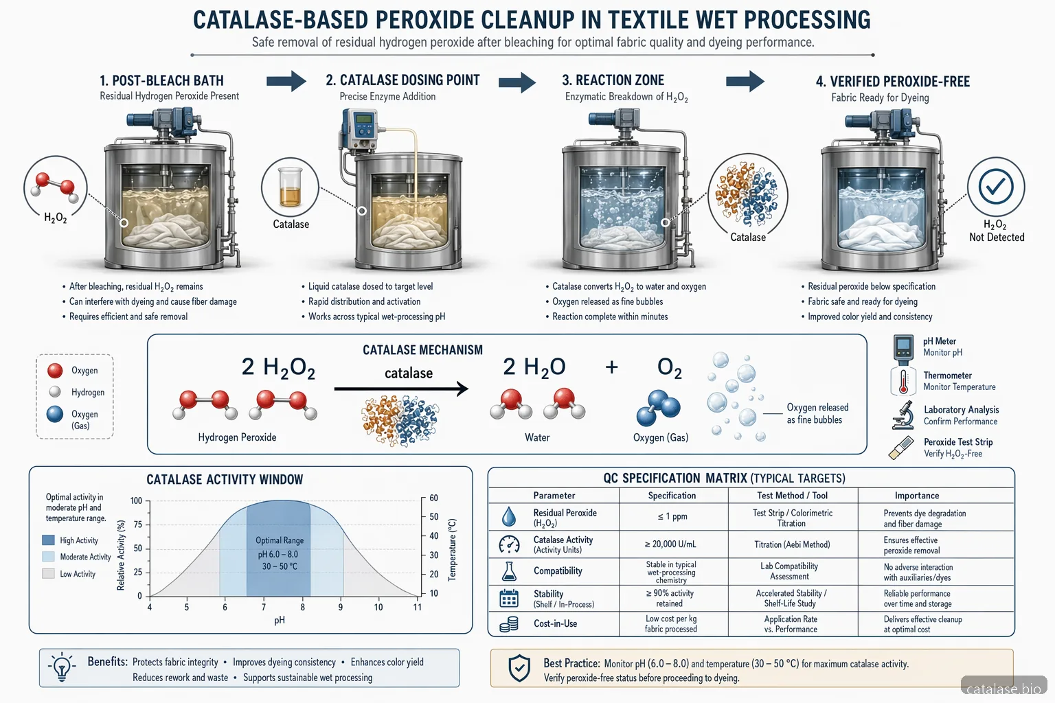 textile catalase enzyme industry report peroxide removal mechanism showing H2O2 breakdown, activity curve, QC points