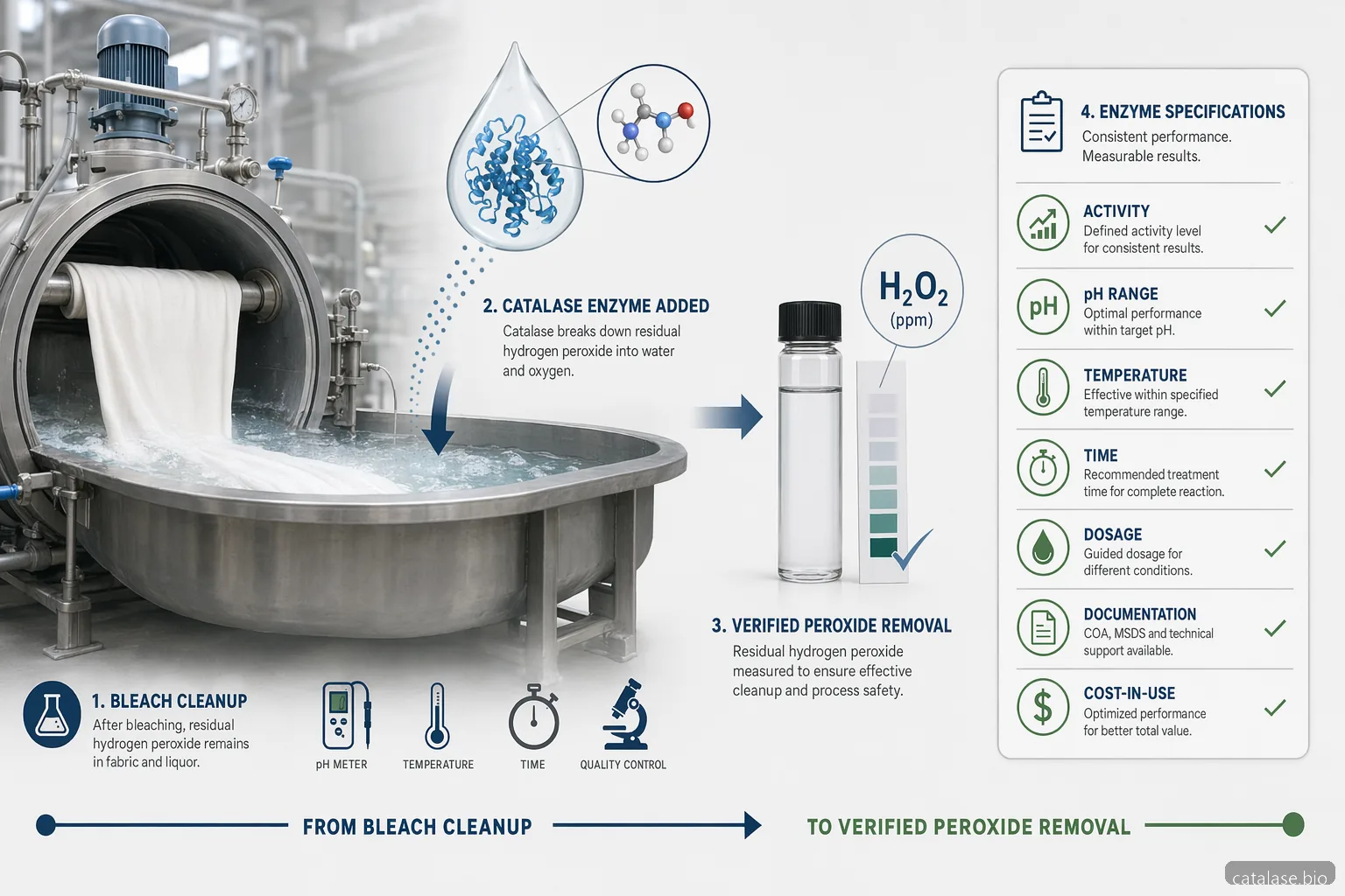textile catalase enzyme industry specification checklist showing bleach cleanup, peroxide QC, bath conditions, and cost-in-use