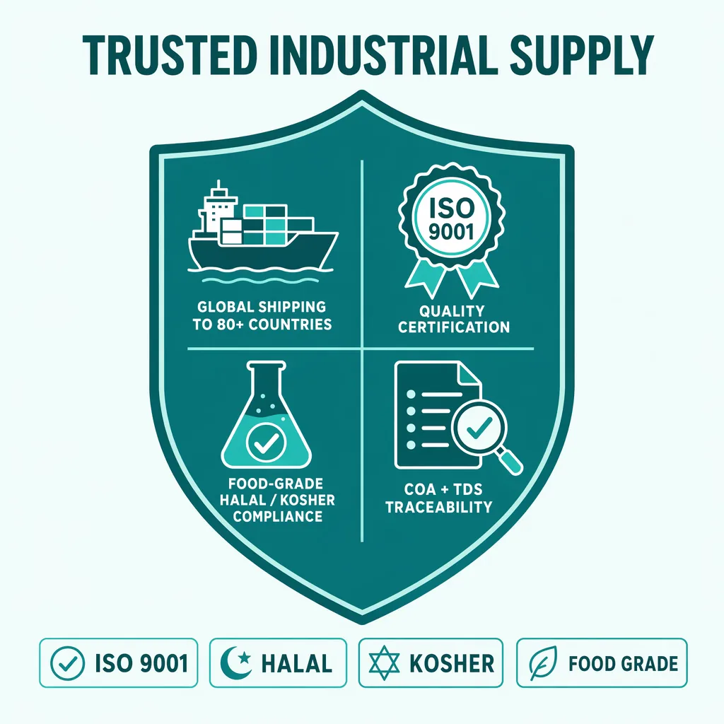 Catalase quality & certifications badge — ISO 9001, HALAL, KOSHER, Food Grade